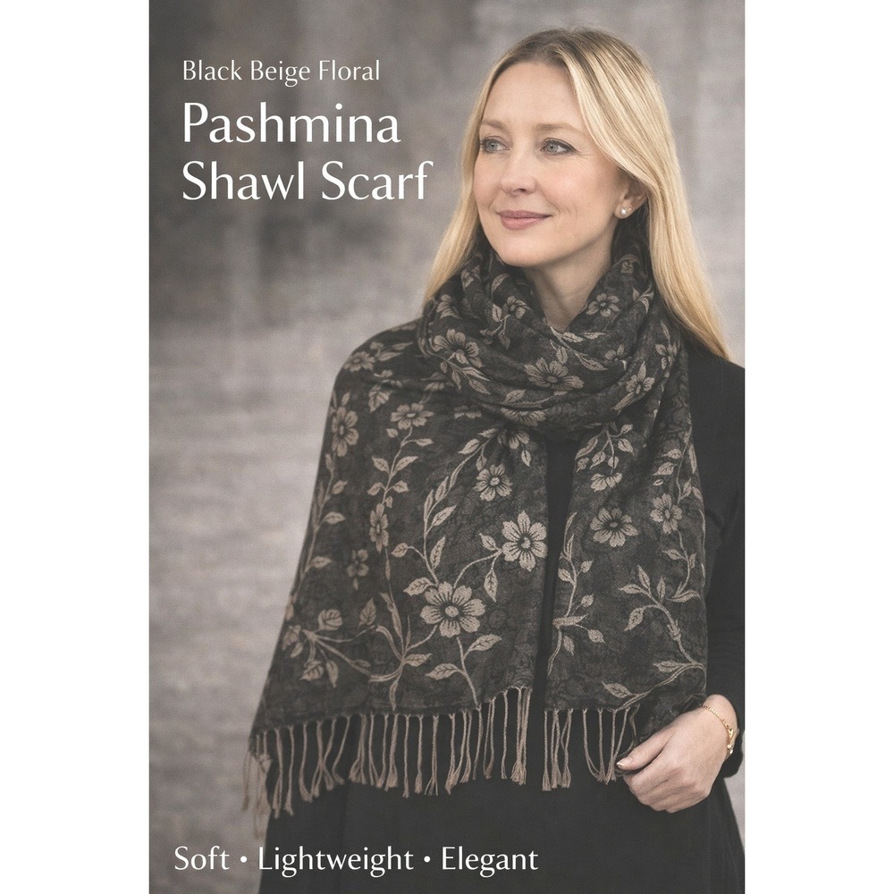 Black Beige Floral Pashmina Shawl Scarf Lightweight Elegant Wrap Women Winter